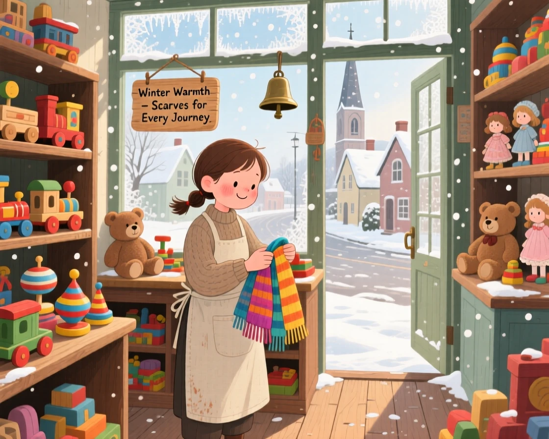 A young shopkeeper spends the morning wrapping scarves for winter customers in an old-fashioned toy shop, as the church bell rings in the distance.