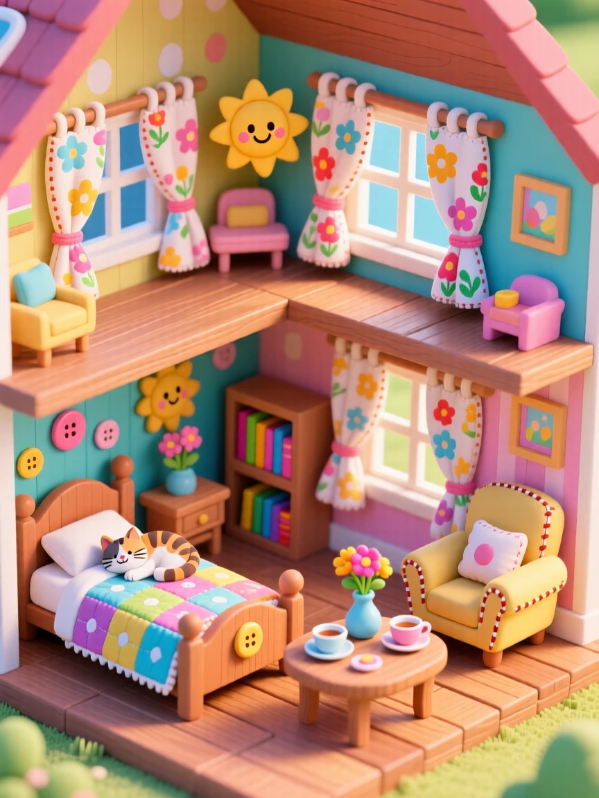 A dollhouse filled with tiny handmade furniture and curtains.