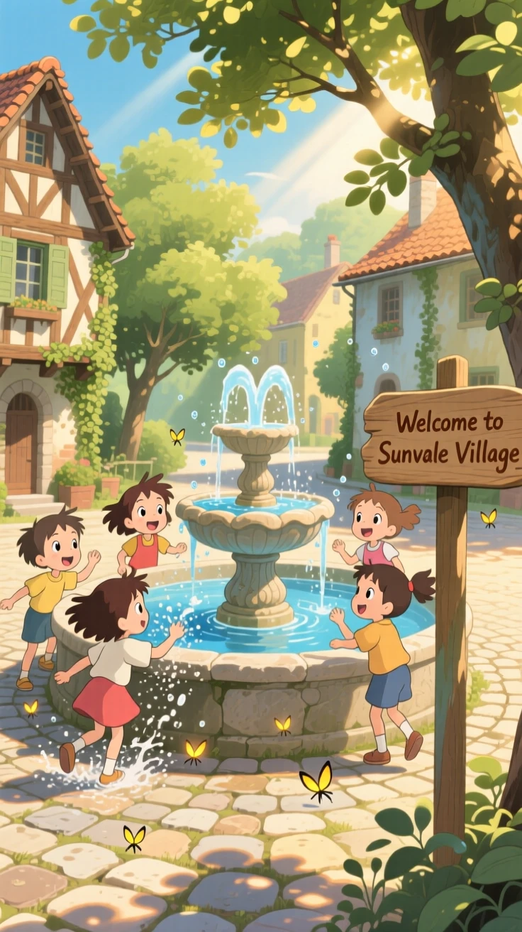 A summer scene of kids splashing in a fountain on a hot afternoon, with a gentle breeze stirring the scene.