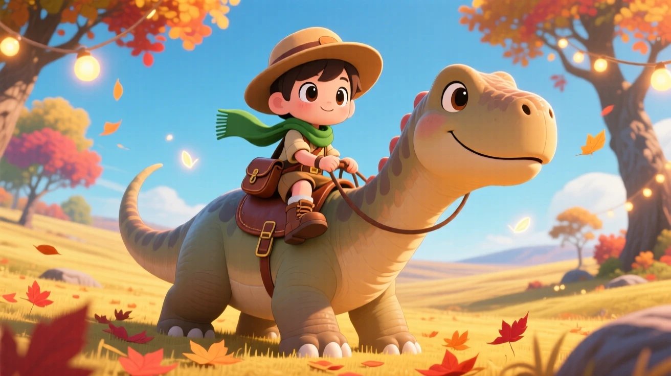A young explorer riding on the back of a gentle brontosaurus, framed as a low-angle shot looking up within a sweeping prehistoric plain, on a crisp autumn afternoon, glowing under warm fairy-light glow, evoking proud determination.