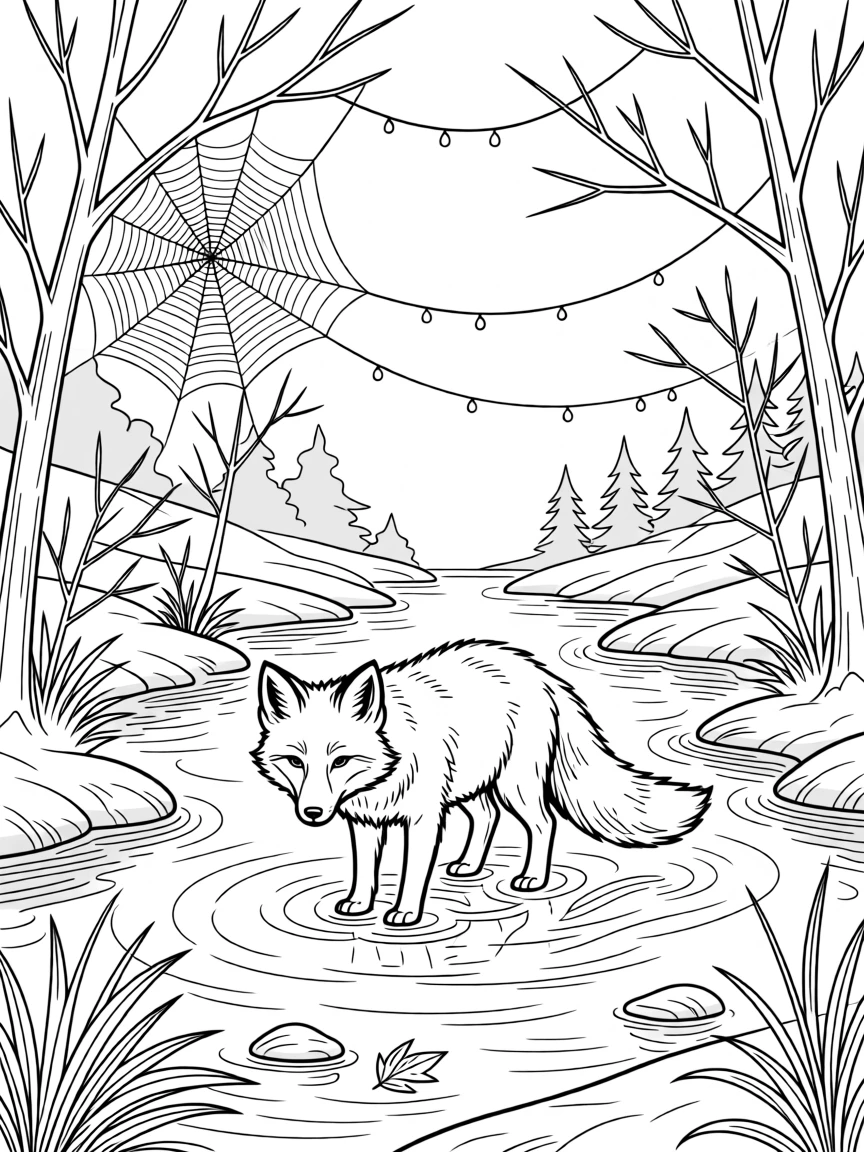 An arctic fox wading through a misty river, with delicate spider webs strung between branches.