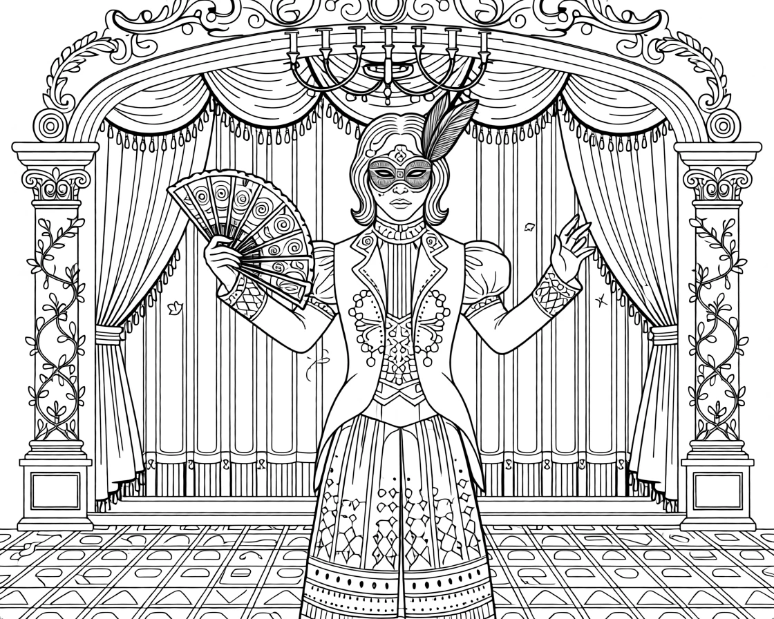 An opera performer in an elaborate painted mask.
