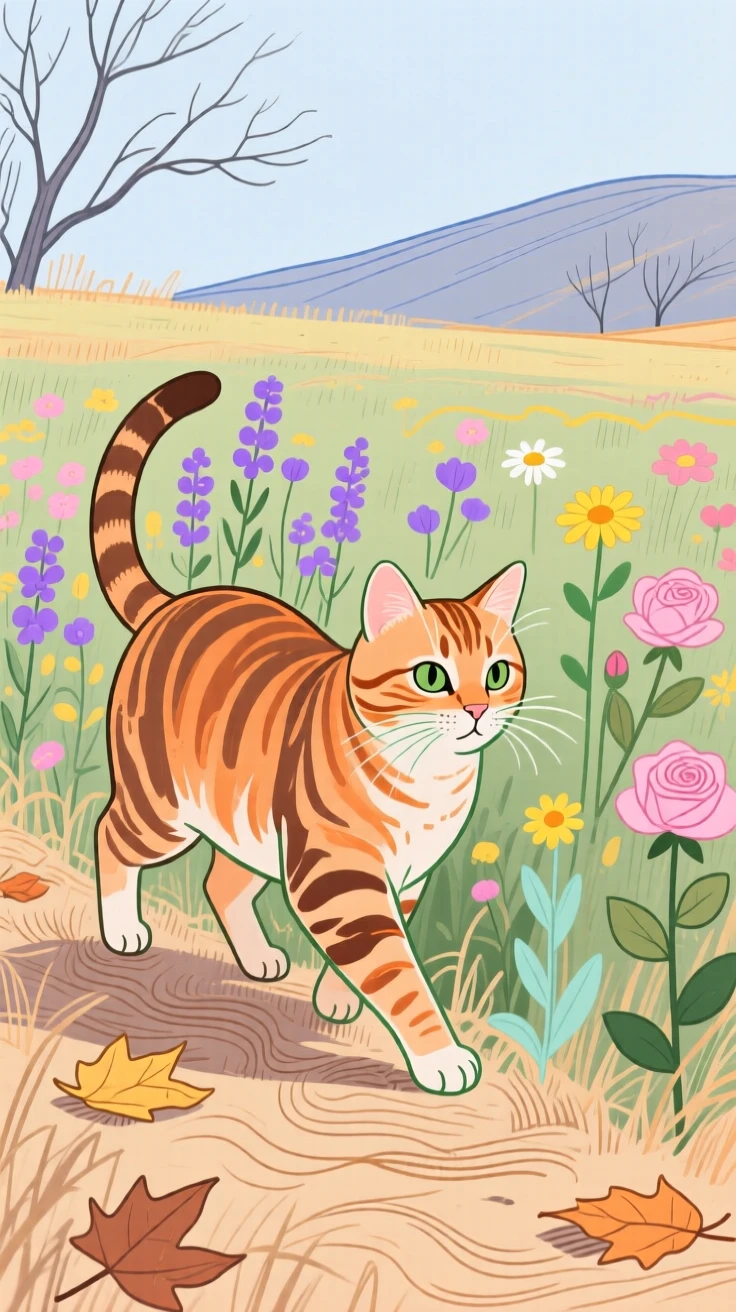 A tabby cat playing near a wildflower field on a crisp autumn day.