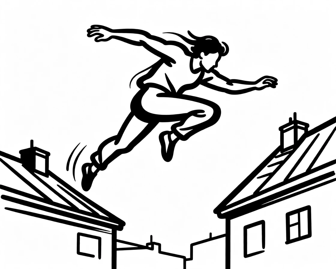 A parkour athlete leaping between rooftops in an urban setting.