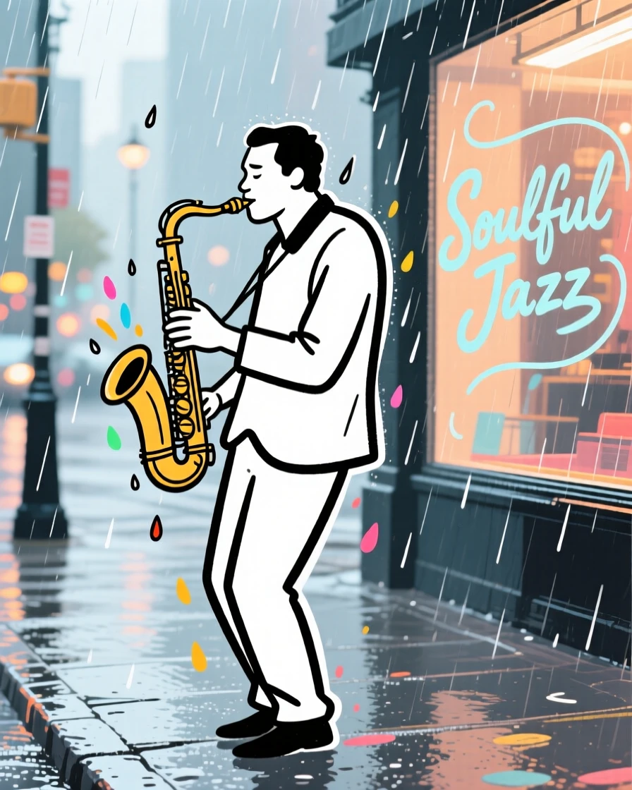A saxophonist playing soulfully on a rainy city street corner.
