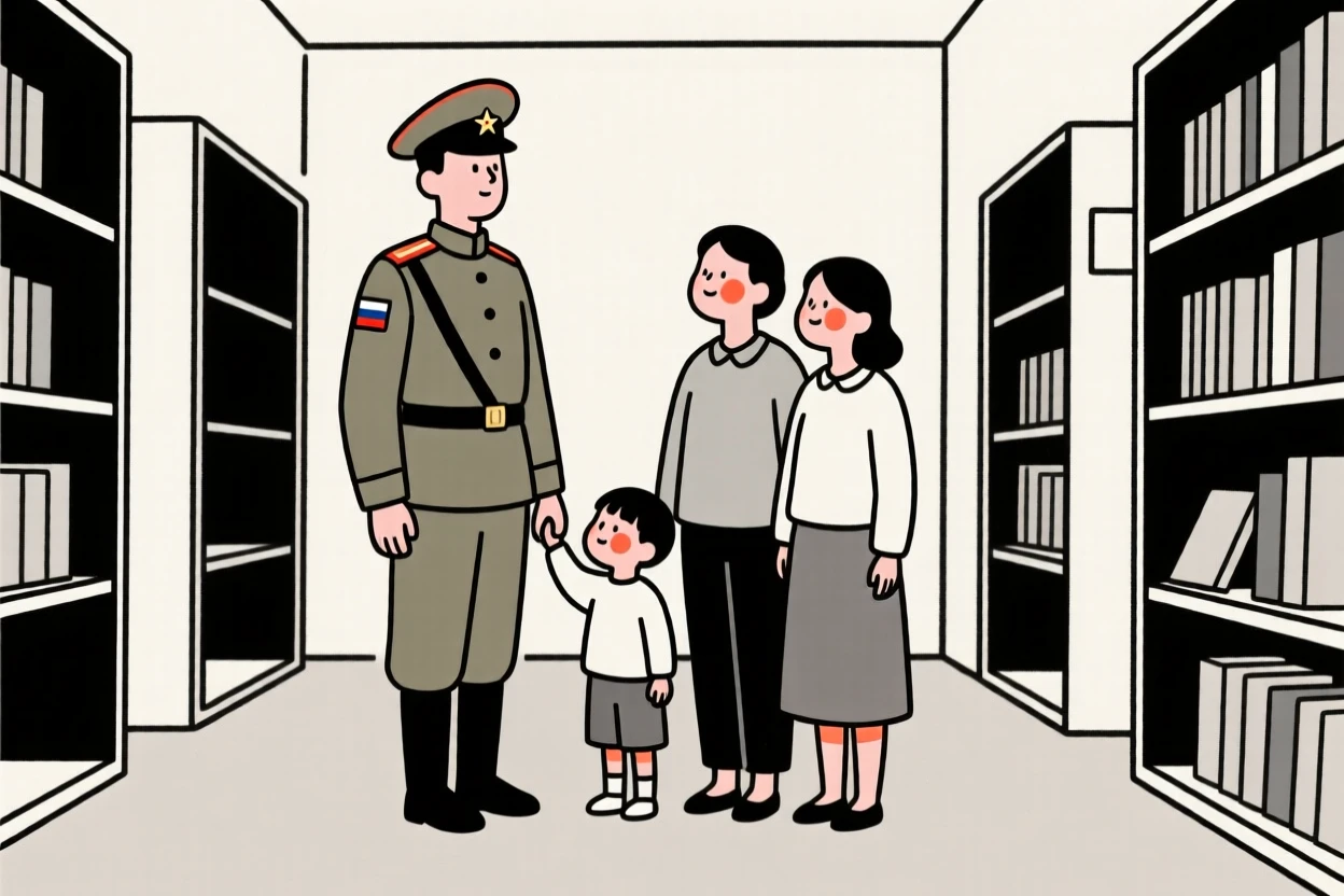 A soldier of russian heritage reuniting with family, gazing thoughtfully into the distance, in a quiet library.