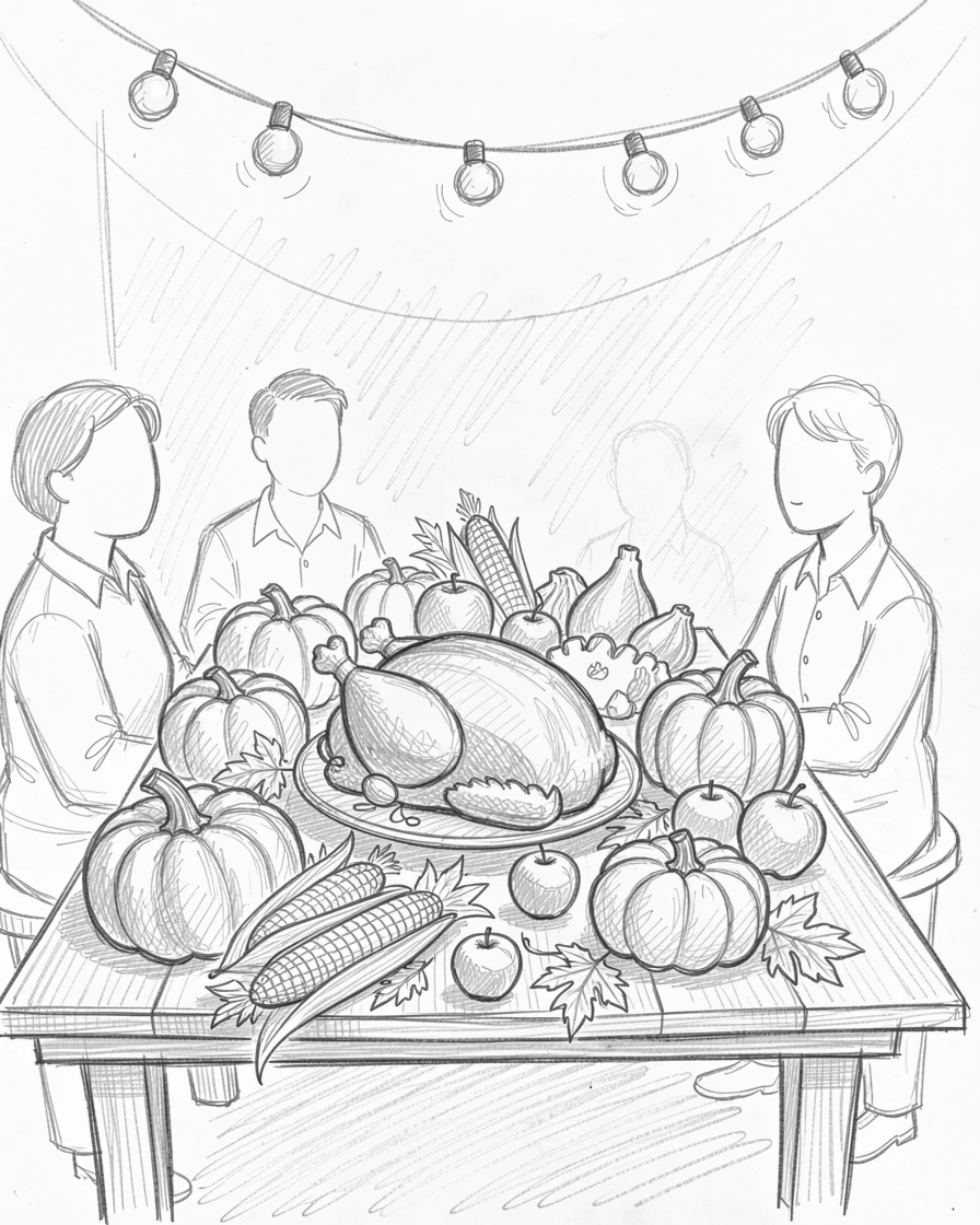 A festive scene of a Thanksgiving table piled with autumn harvest beneath strings of festive lights, with an atmosphere of celebration and togetherness.