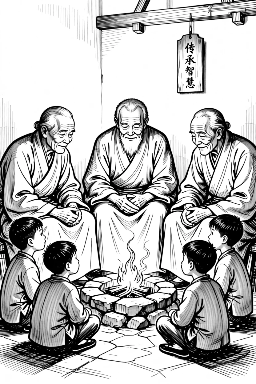 A group of elders sharing traditional wisdom with children around a hearth.