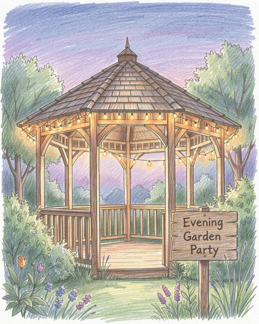 A garden gazebo wrapped in string lights for an evening party, set against a softly lit, atmospheric backdrop, perfect for anyone drawn to gentle, heartfelt imagery.