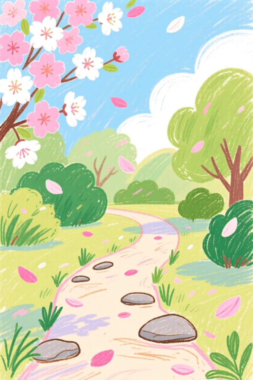 Cherry blossoms drifting gently onto a quiet garden path.