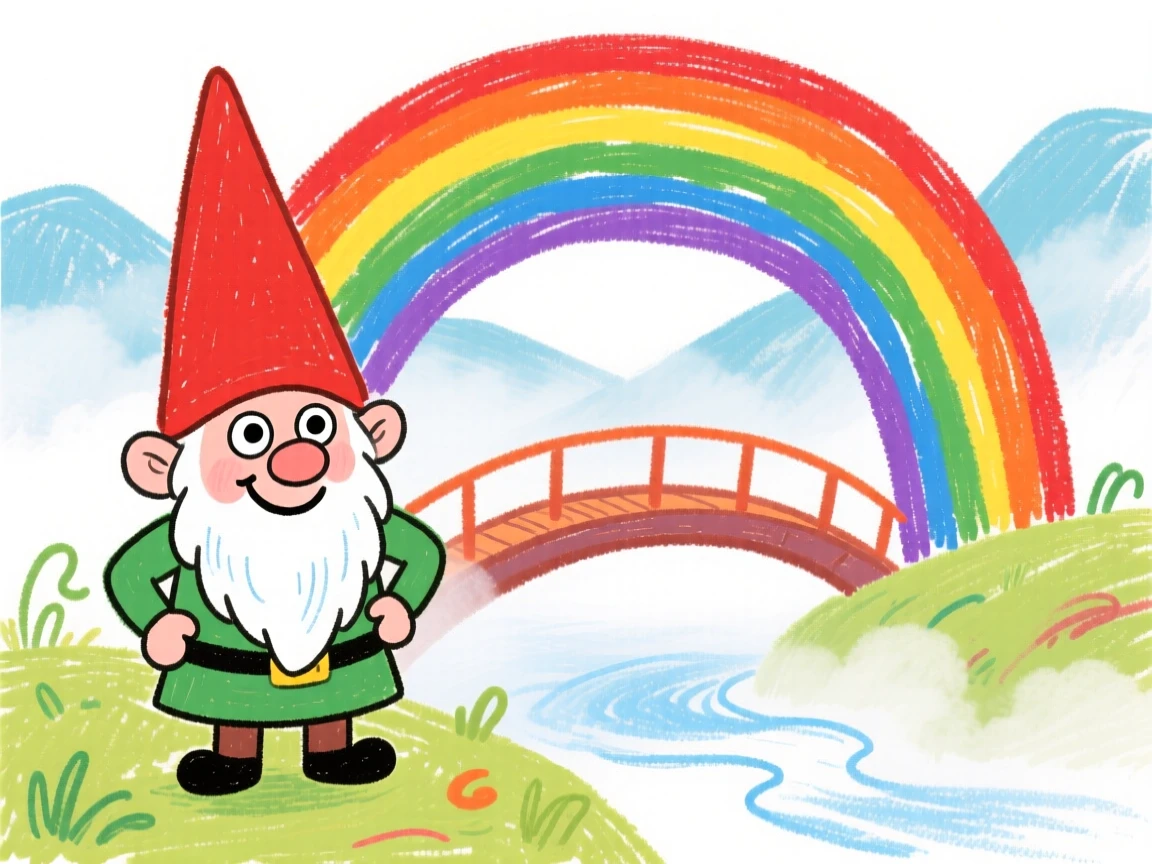 A mischievous garden gnome beside a rainbow bridge over a misty valley.