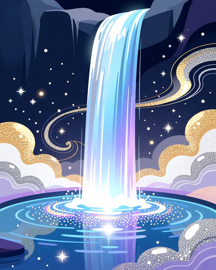 A magical waterfall cascading into a pool of glowing stardust, surrounded by swirling clouds of shimmering stardust, composed with a dreamlike, ethereal atmosphere, with subtle magical particles drifting through the air.