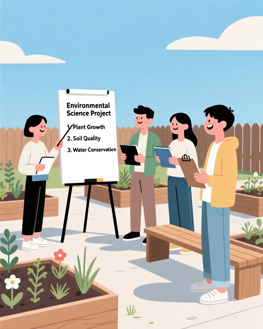 A group of students practicing a presentation in an outdoor learning garden.