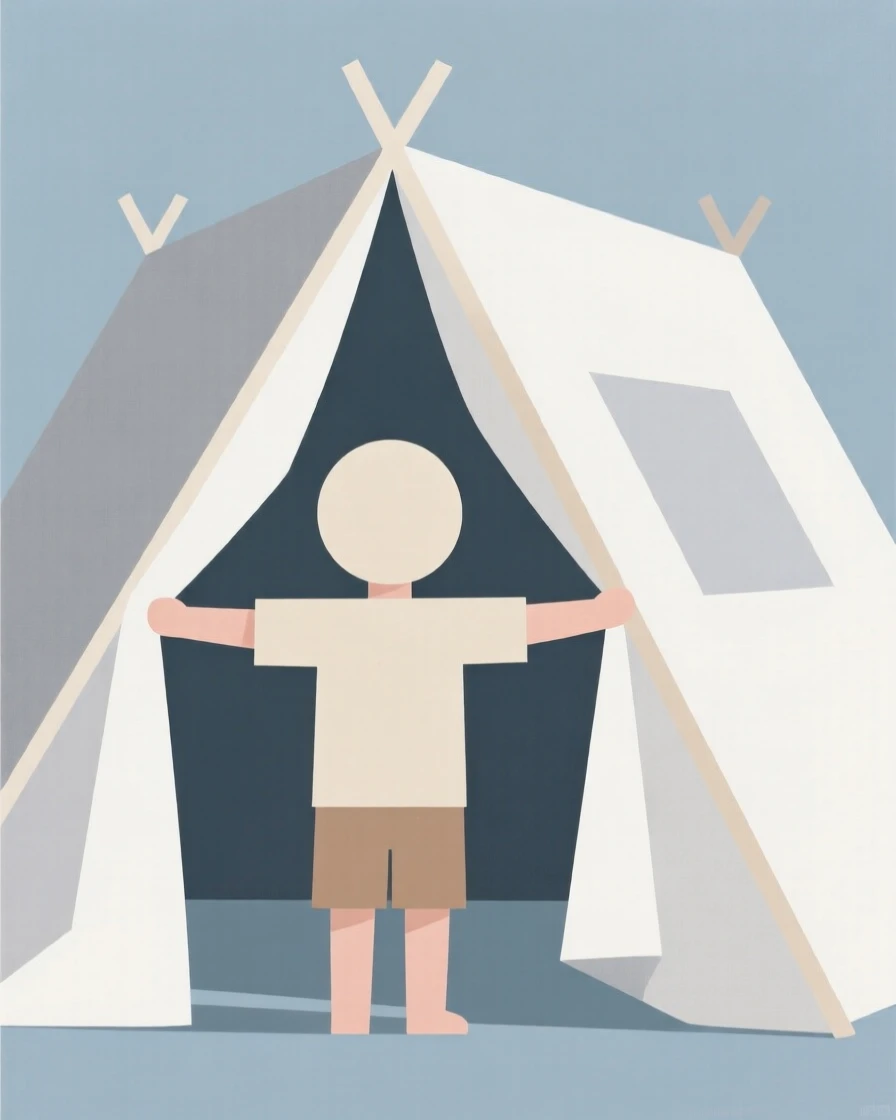 A young child building a fort with blankets