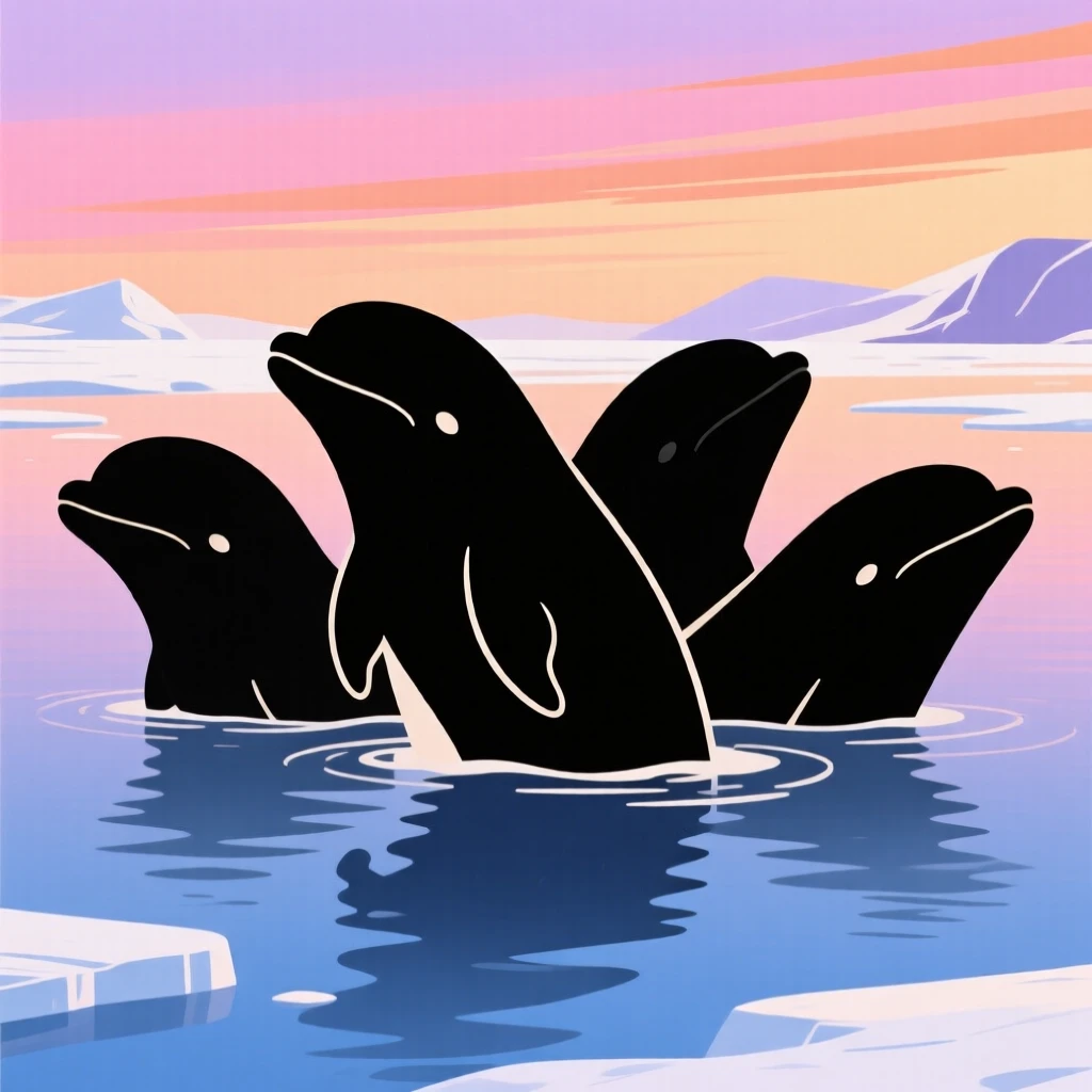 A pod of belugas surfacing together in an arctic bay.
