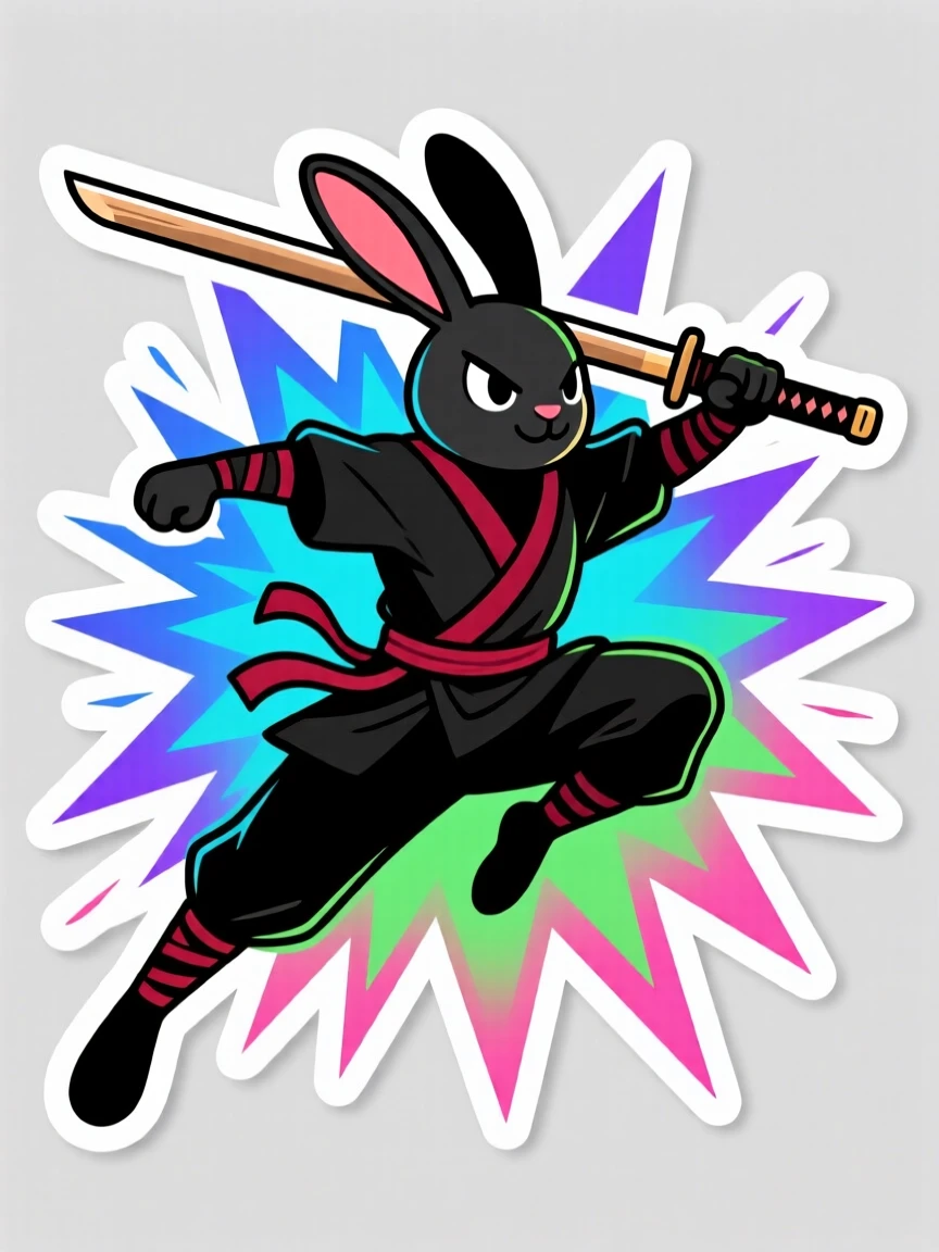 A confidently cool ninja rabbit mid-leap with a wooden sword, framed by a burst of colorful energy, during an exciting made-up adventure.