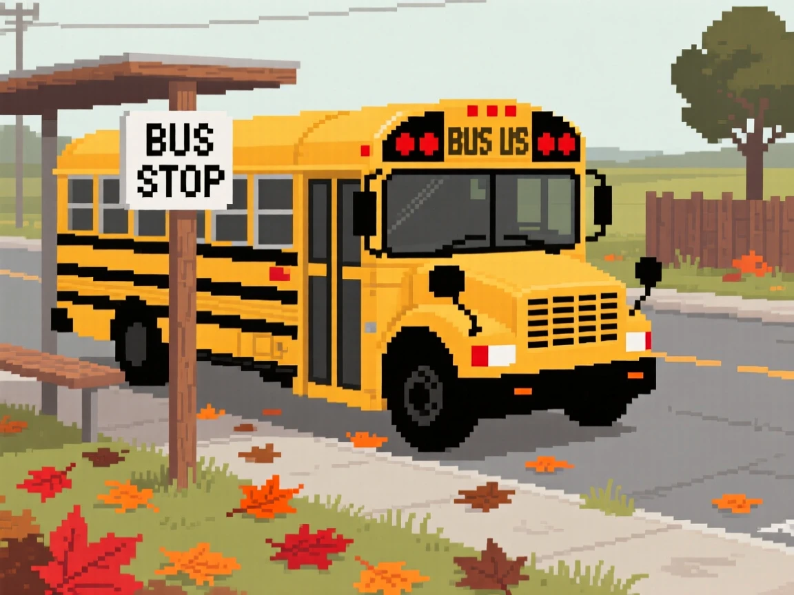 A school bus waiting at a countryside stop surrounded by fallen leaves on a quiet street, on a quiet suburban street in the 1980s.