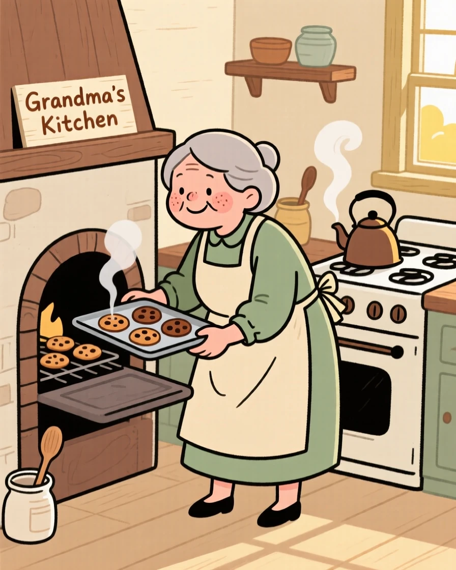A grandmother pulls a tray of chocolate chip cookies from the oven in a sunlit farmhouse kitchen, steam rising as a kettle whistles on the stove.