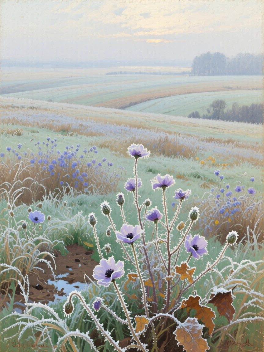 A high overhead view of a field of wildflowers stretching to the horizon, in the 1920s, in deep winter.