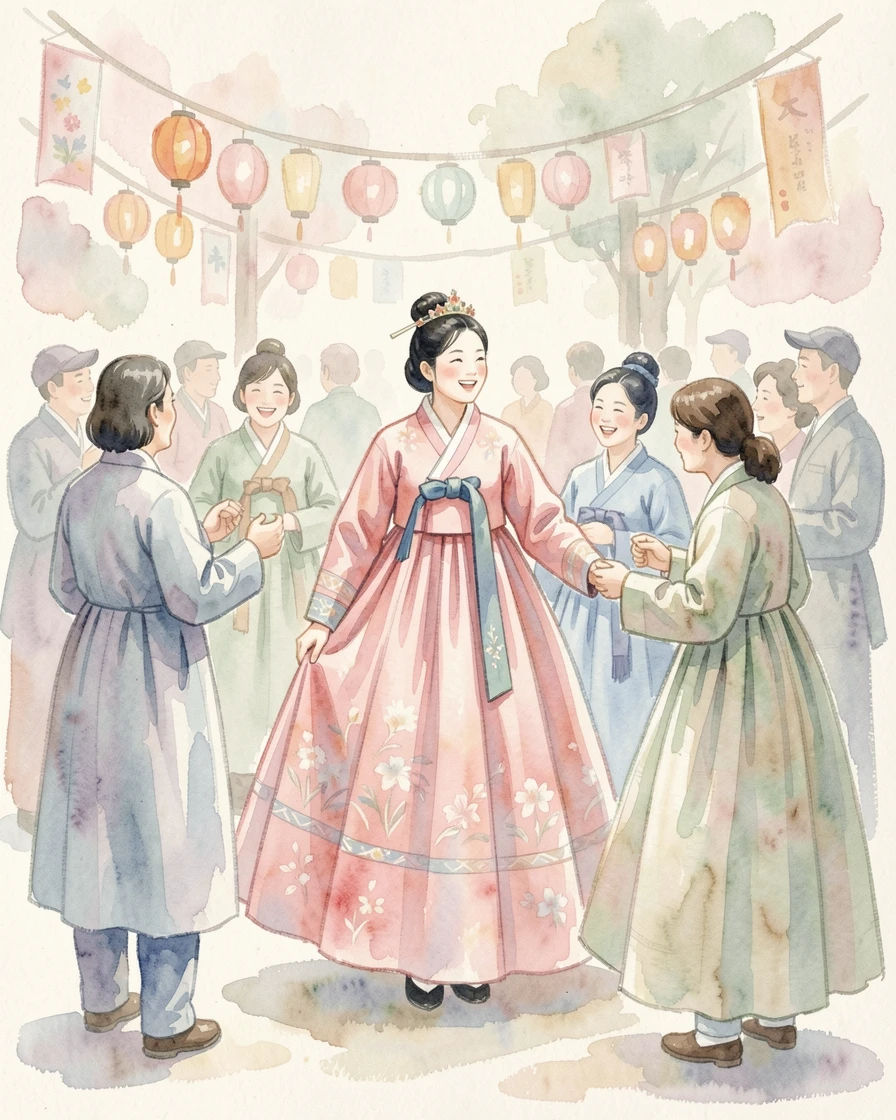 A traditional Korean hanbok worn during a festival with the whole community joining in.