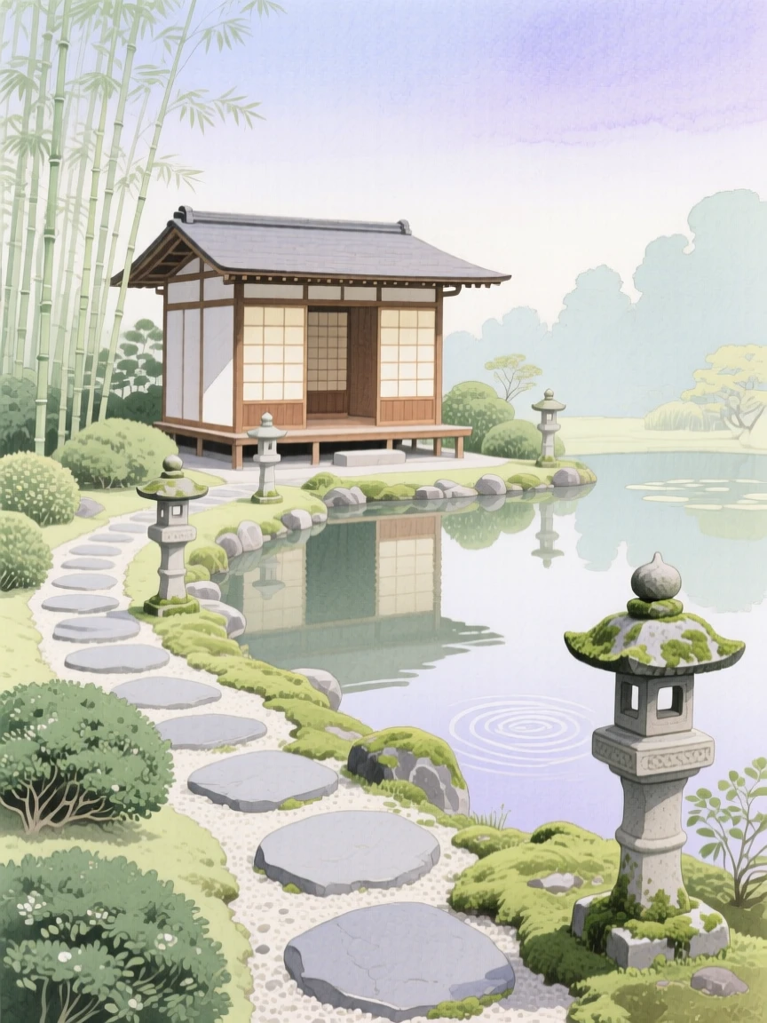 A quiet garden path lined with stone lanterns leads toward a small wooden teahouse beside a still pond