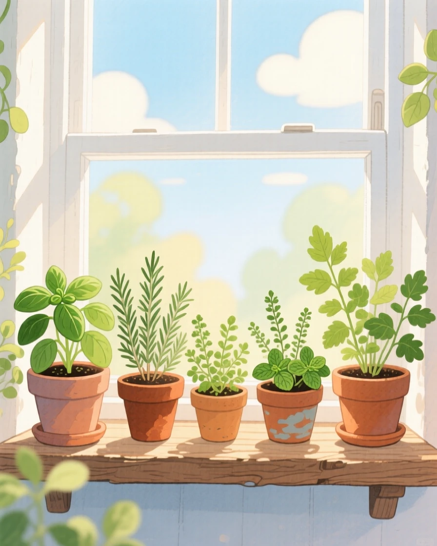 A windowsill herb garden in morning light, warm and inviting on a quiet afternoon.