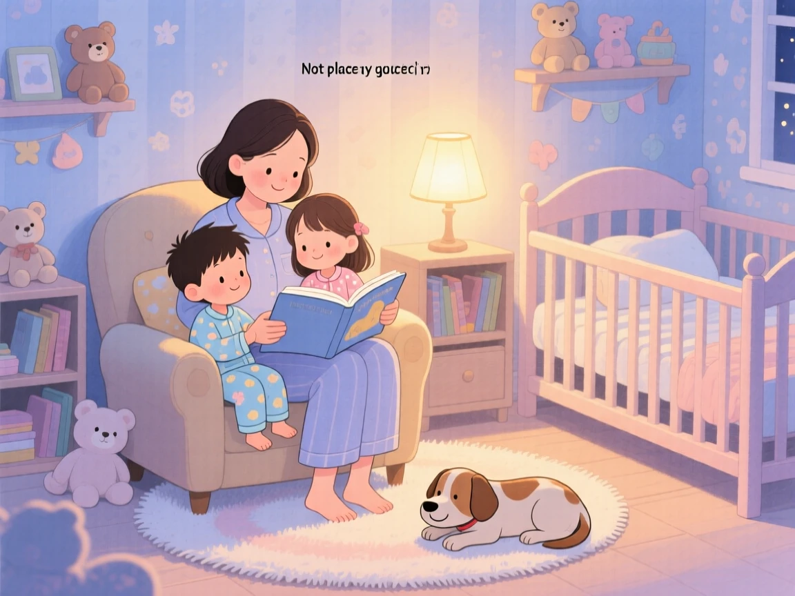 A mother reading a bedtime story to her two children, in a nursery glowing with a soft nightlight, with a dog resting happily at their feet, tender maternal love and comfort.