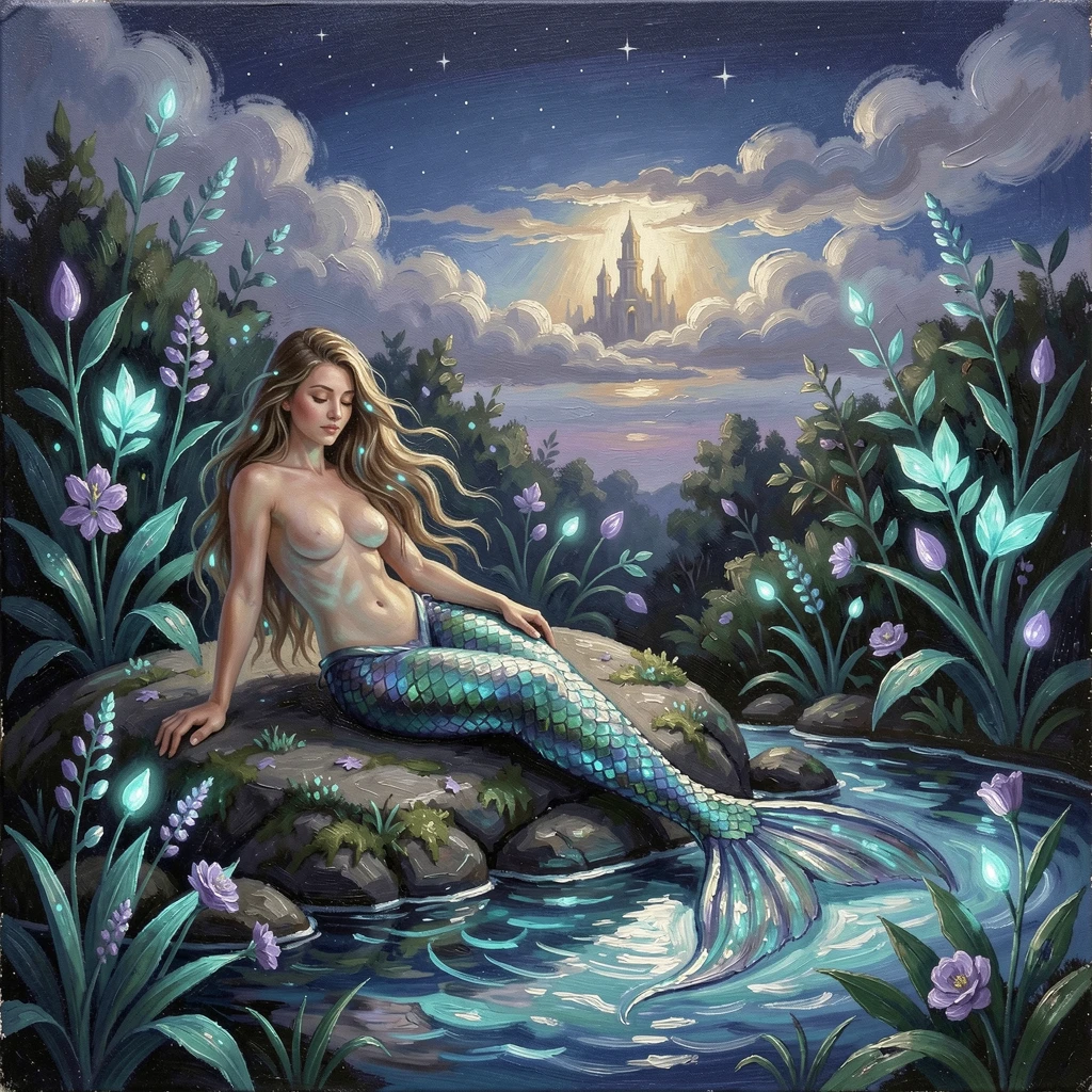 Surrounded by softly glowing bioluminescent plants, a mermaid resting on a rock beside a glowing tide pool, clouds parting to reveal a hidden realm beyond, at twilight, as the first stars begin to appear.