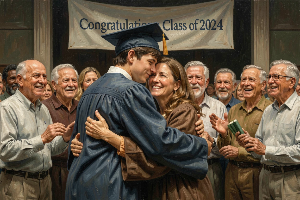 A graduate hugging their parents tightly after walking across the stage, with the surrounding crowd or community sharing in the emotion, designed to inspire and uplift anyone who views it