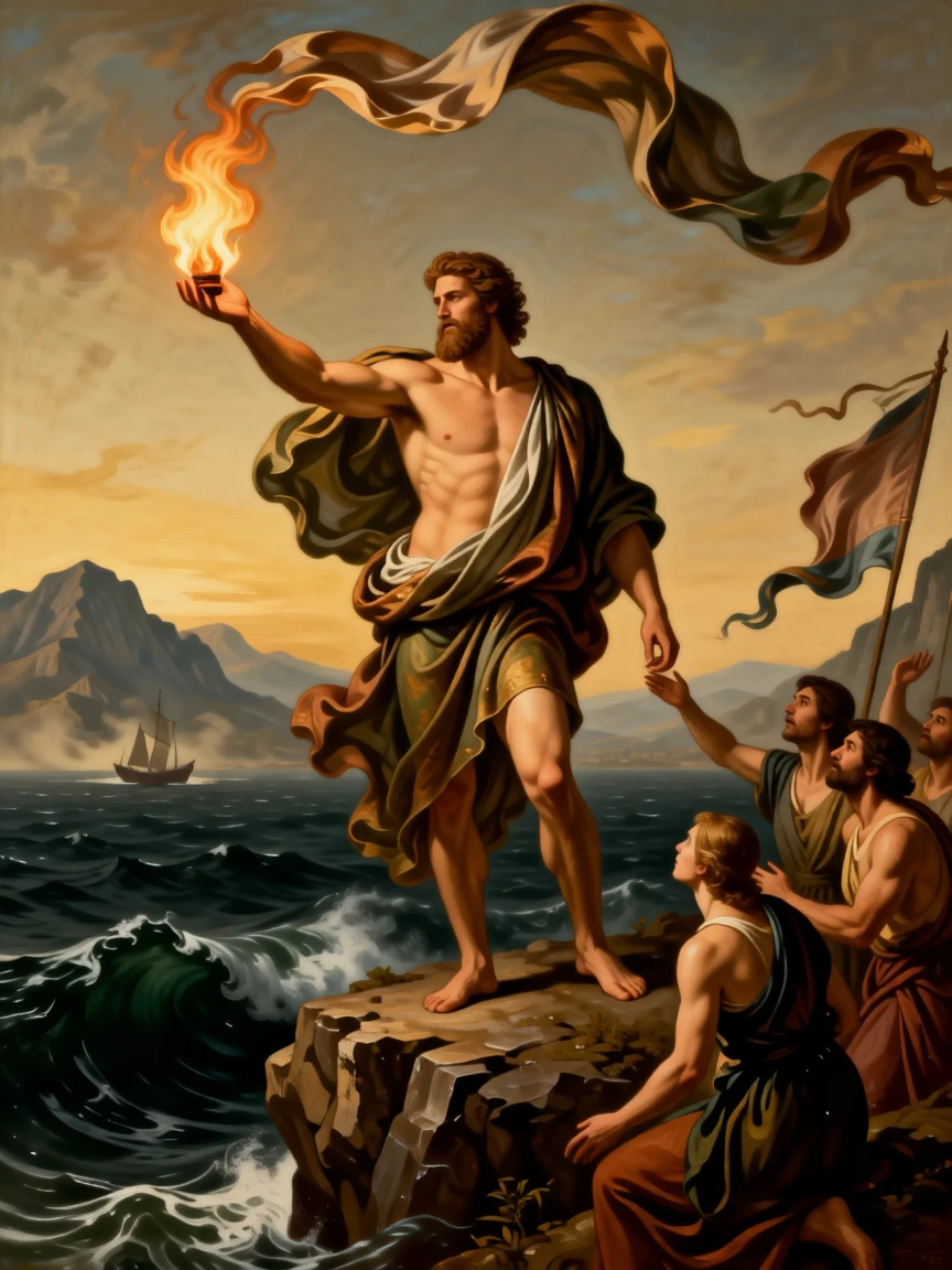 The Titan Prometheus offering fire to huddled mortals amid swirling banners and rising dust, set atop a cliff overlooking a stormy sea, with distant ships and mountains fading into a golden haze; sweeping drapery and gesture guide the eye across the whole scene, charged with heroic resolve and quiet foreboding.