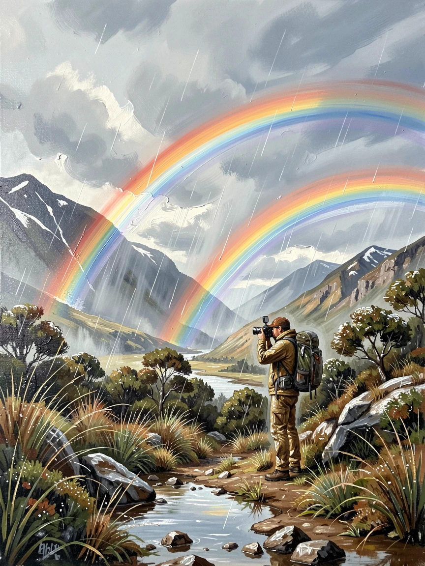 A hiker pauses to photograph a dramatic double rainbow over a valley in New Zealand after a passing rain shower, the natural elements, whether wind, water, or snow, playing an active role in the scene.