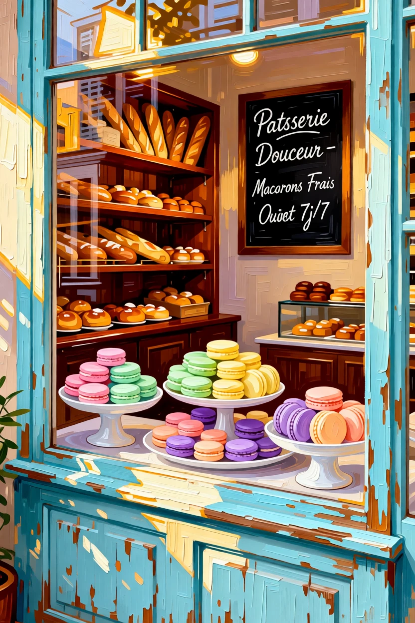 A cozy French patisserie window filled with delicate macarons in pastel colors