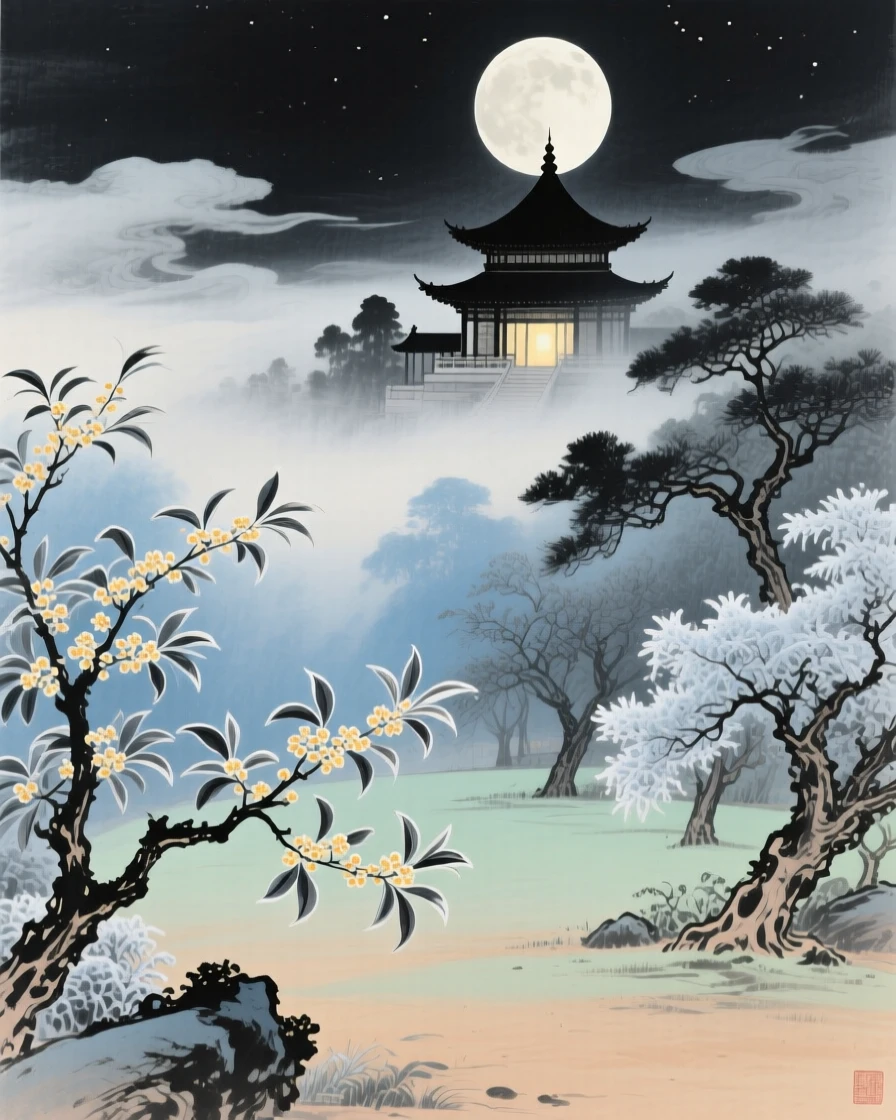 The moon palace glowing softly above a garden of frozen osmanthus trees, under drifting clouds.