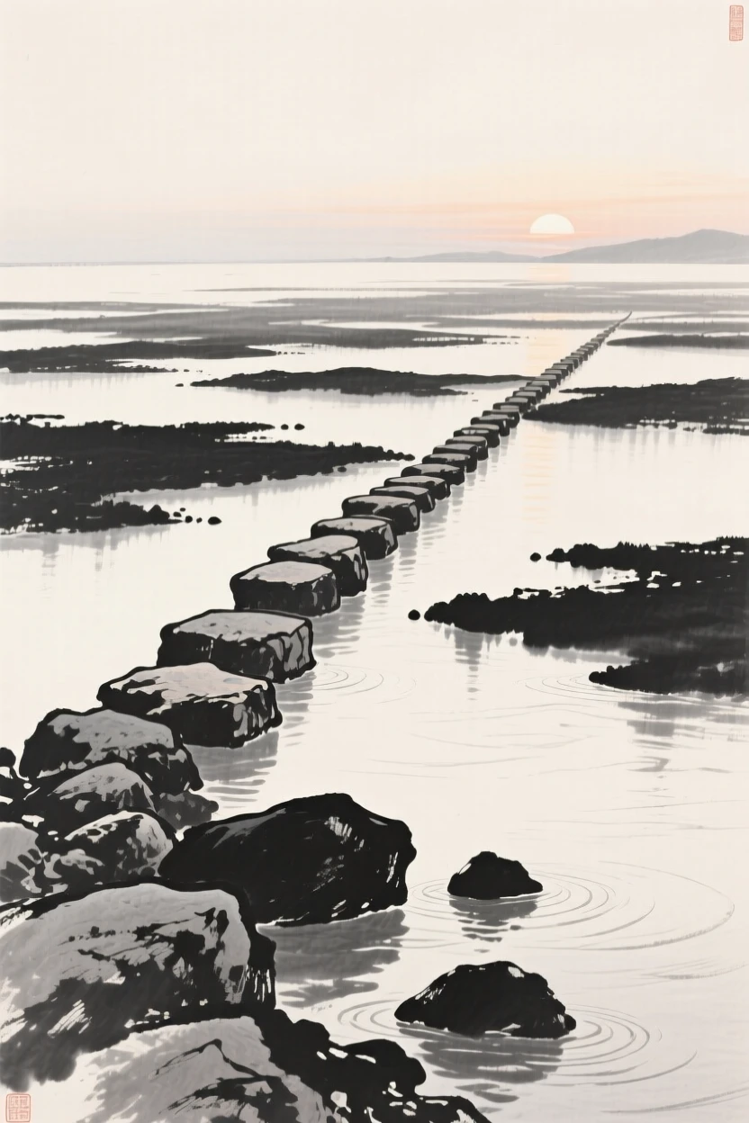 A stone causeway crossing a shallow tidal flat in the stillness just before sunrise, framed low, with the foreground rocks leading the eye toward the distance, carrying a feeling of timeless peace and stillness.