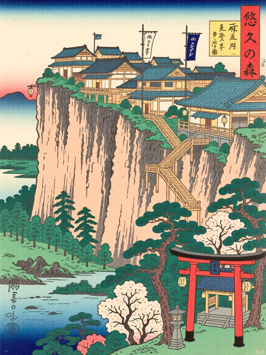 A city built into a towering cliffside, standing at the edge of an ancient forest.