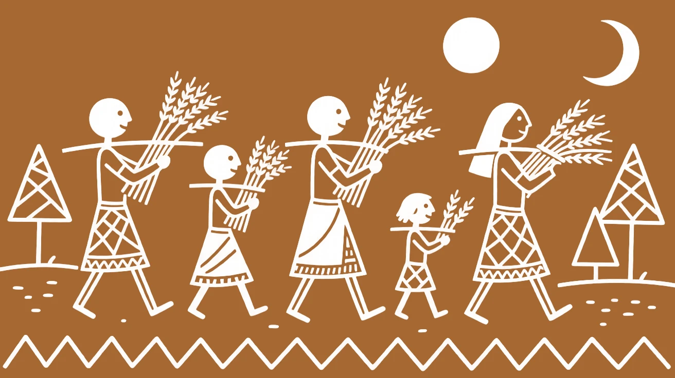 A family celebrating a successful harvest carrying bundles of freshly cut crops home.