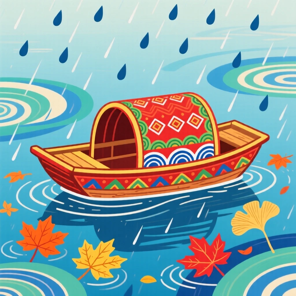 A view of a small wooden boat adrift on calm water in a gentle autumn rain.