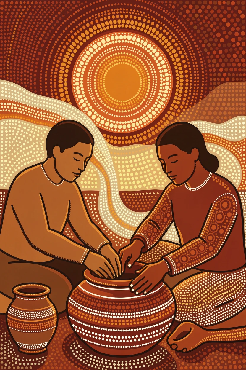 Craftsmen shaping pottery by hand at sunset