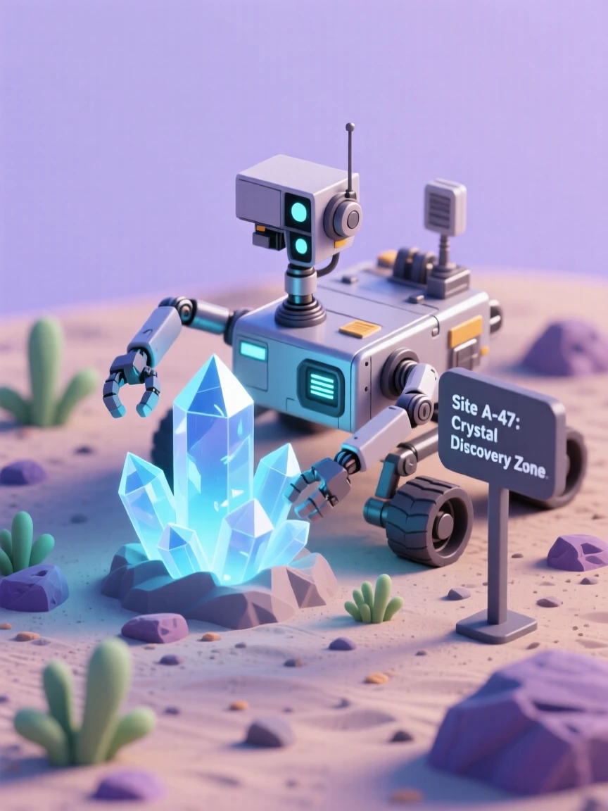 A robotic explorer rover discovering a glowing crystal formation on a distant alien planet's surface.