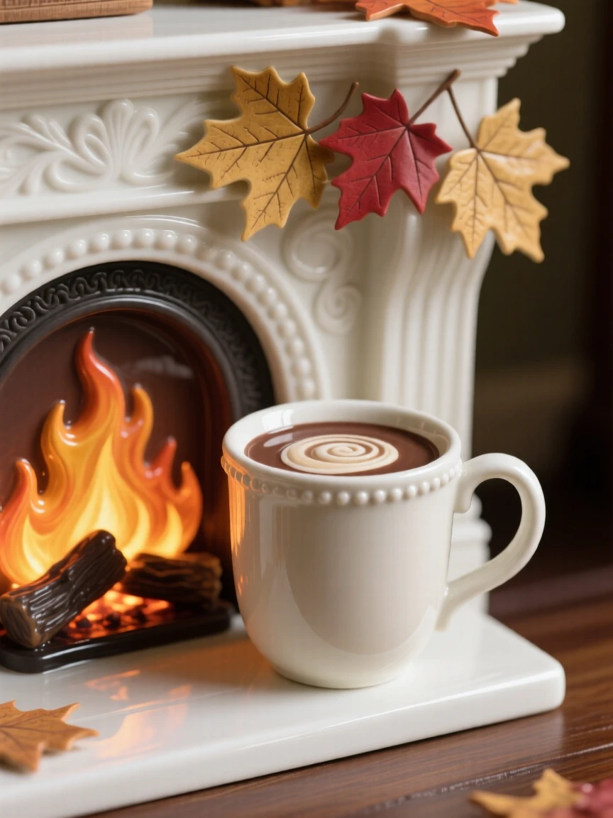A cozy autumn moment: hot cocoa and a crackling fireplace, evoking warmth and nostalgic comfort.