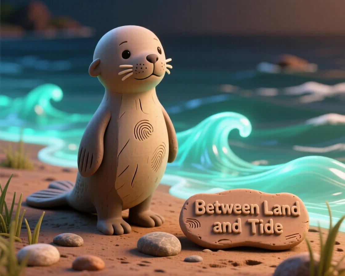 A shapeshifting selkie standing between land and glowing tide