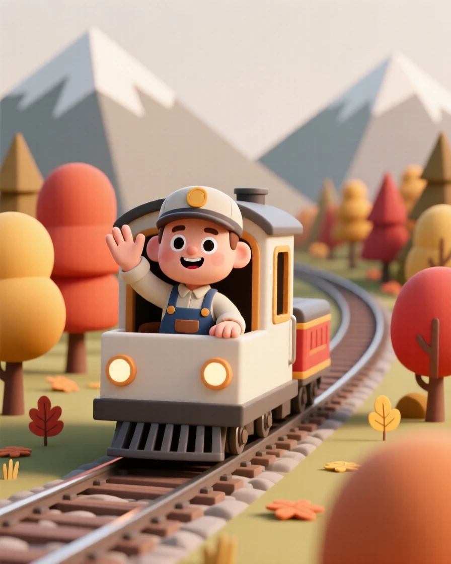 A proud train engineer waves from the cab window as a scenic mountain railway winds through autumn forest.