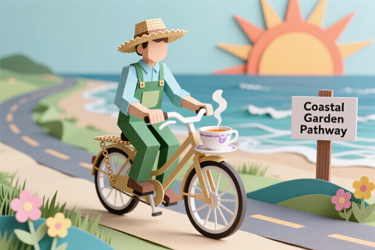 A devoted gardener riding along a coastal road at sunrise, with a cup of tea resting close by, capturing the satisfaction of skilled hands at work.