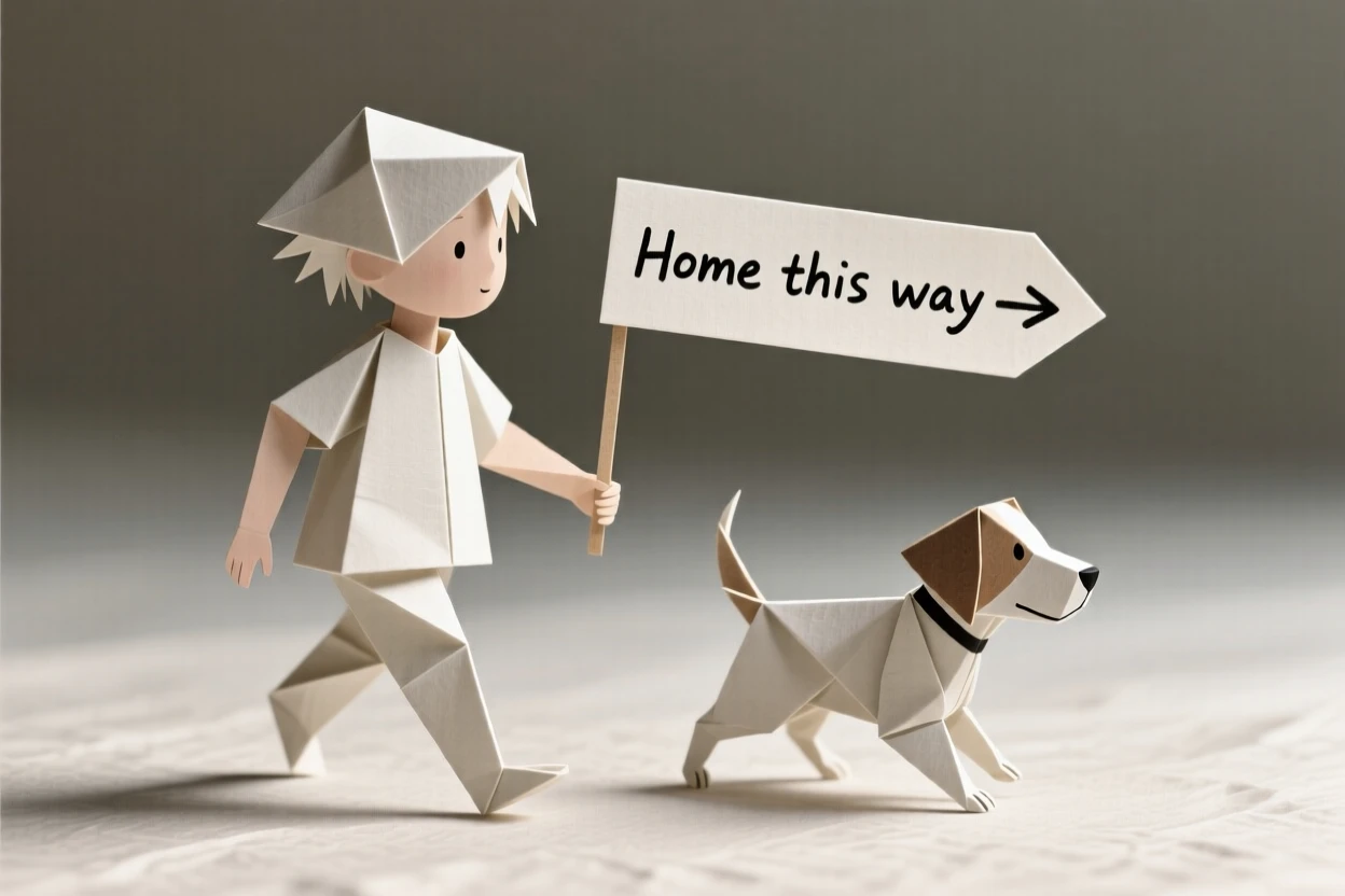 A child helping a lost puppy find its way home, both walking side by side.