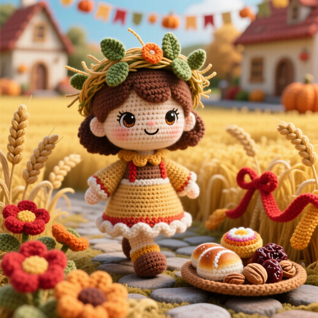 a little girl wearing a garland of woven grass, for a harvest thanksgiving crown, is shown walking through a golden field in a village square decorated with flowers and ribbons beside a small tray of traditional sweets nearby, capturing warm cultural pride and festive belonging.