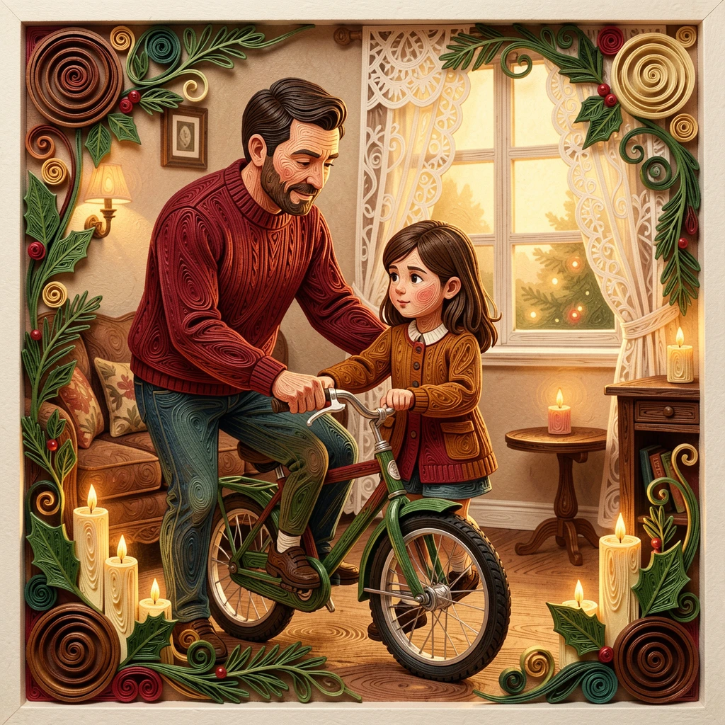 a father teaching his daughter to ride a bicycle, in a softly lit living room decorated for the holidays, captured in a tender, intimate close-up moment, in a warm, nostalgic color palette.
