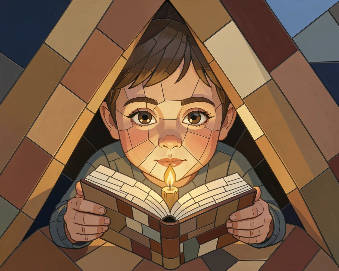 A close-up emotional portrait of a child reading a book by candlelight in a cozy blanket fort, with striking eyes and gentle expression.