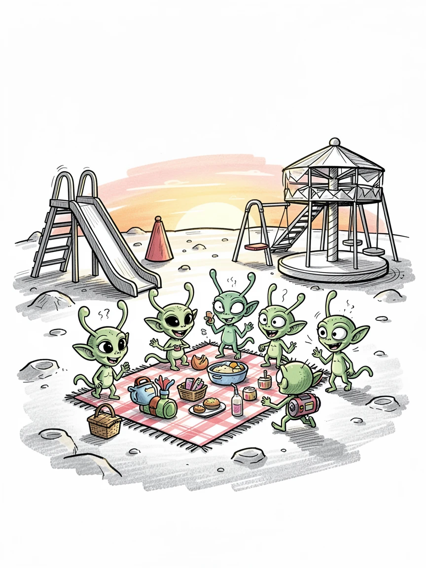 A group of tiny aliens having a picnic on the moon on a playground at sunset.