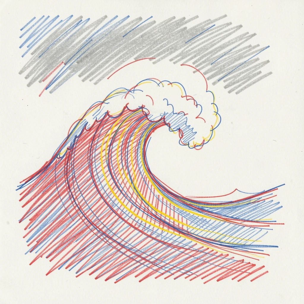 A dramatic rogue wave rising high against a stormy gray sky