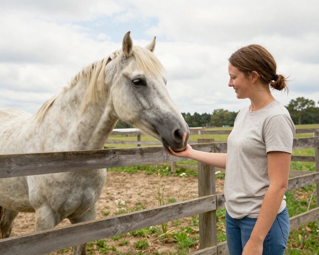 A rescue horse nuzzles a volunteer's hand at a sanctuary paddock.